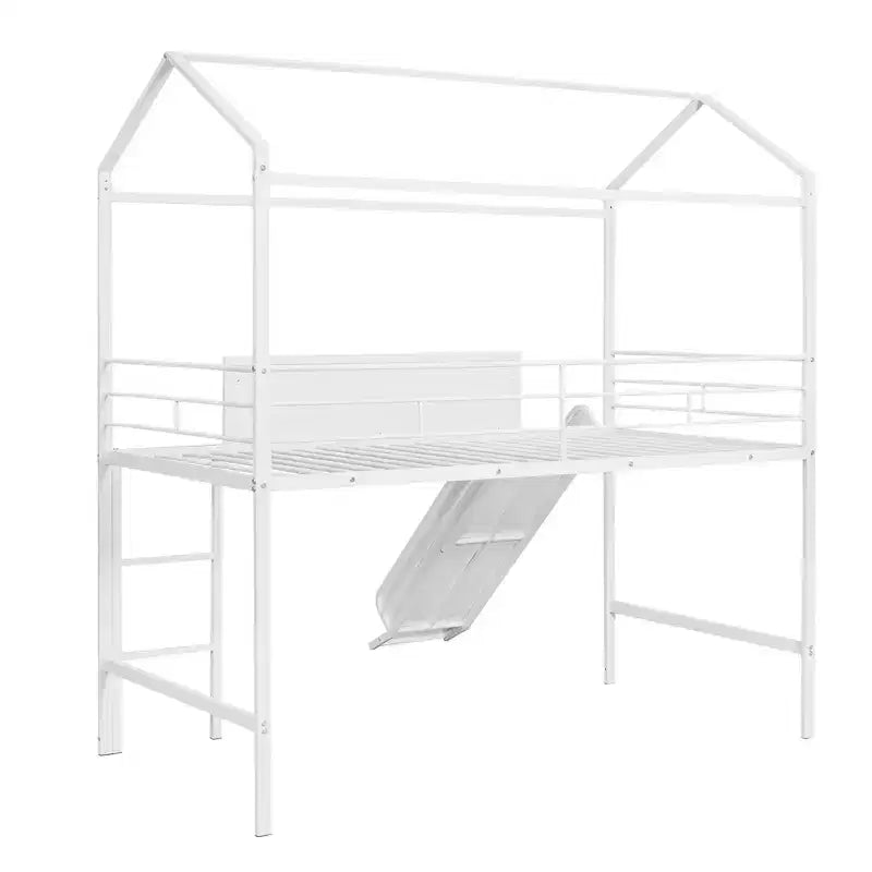 Letto a soppalco Twin Size a forma di casa con scivolo e lavagna scrivibile, robusta struttura in metallo con divertente area gioco - ModernLuxe