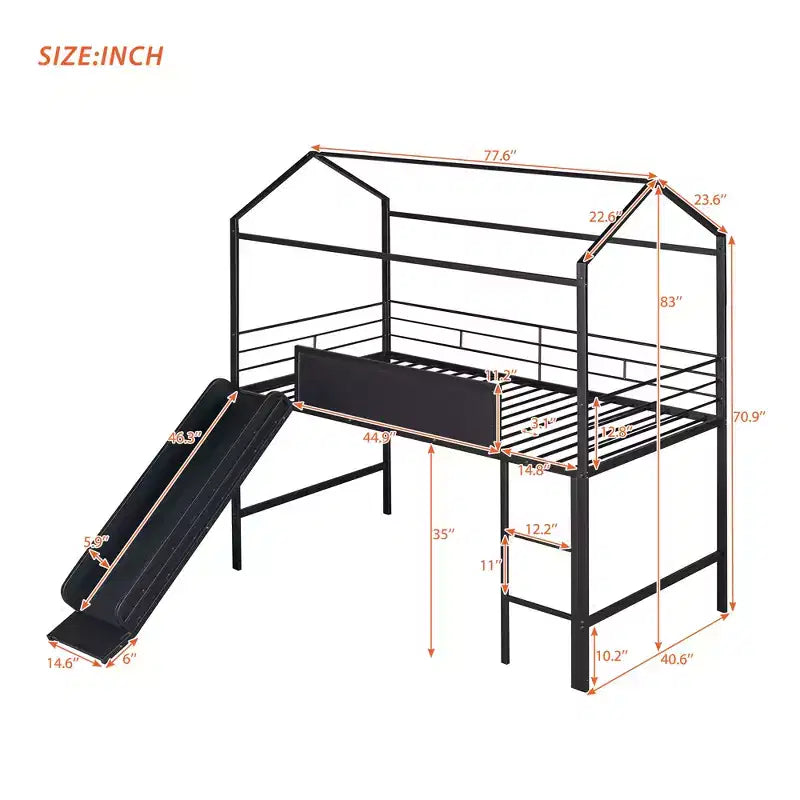 Letto a soppalco Twin Size a forma di casa con scivolo e lavagna scrivibile, robusta struttura in metallo con divertente area gioco - ModernLuxe