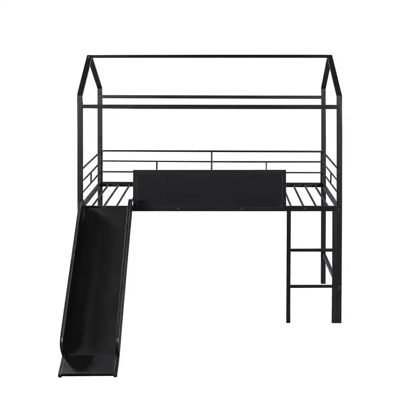 Letto a soppalco Twin Size a forma di casa con scivolo e lavagna scrivibile, robusta struttura in metallo con divertente area gioco - ModernLuxe