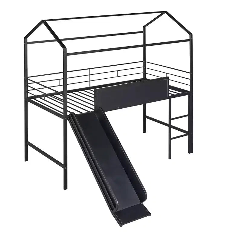 Letto a soppalco Twin Size a forma di casa con scivolo e lavagna scrivibile, robusta struttura in metallo con divertente area gioco - ModernLuxe