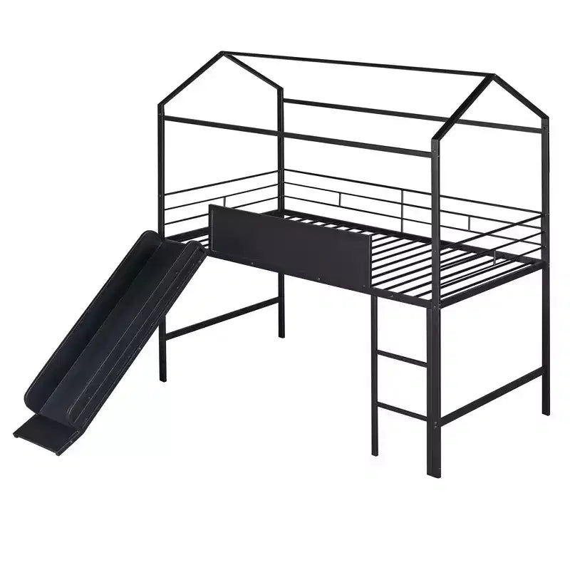 Letto a soppalco Twin Size a forma di casa con scivolo e lavagna scrivibile, robusta struttura in metallo con divertente area gioco - ModernLuxe