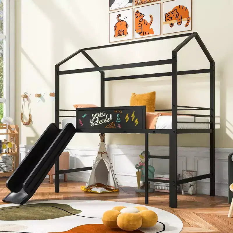 Twin Size House Loft Bed with Slide and Writable Board, Sturdy Metal Frame with Fun Play Area - ModernLuxe