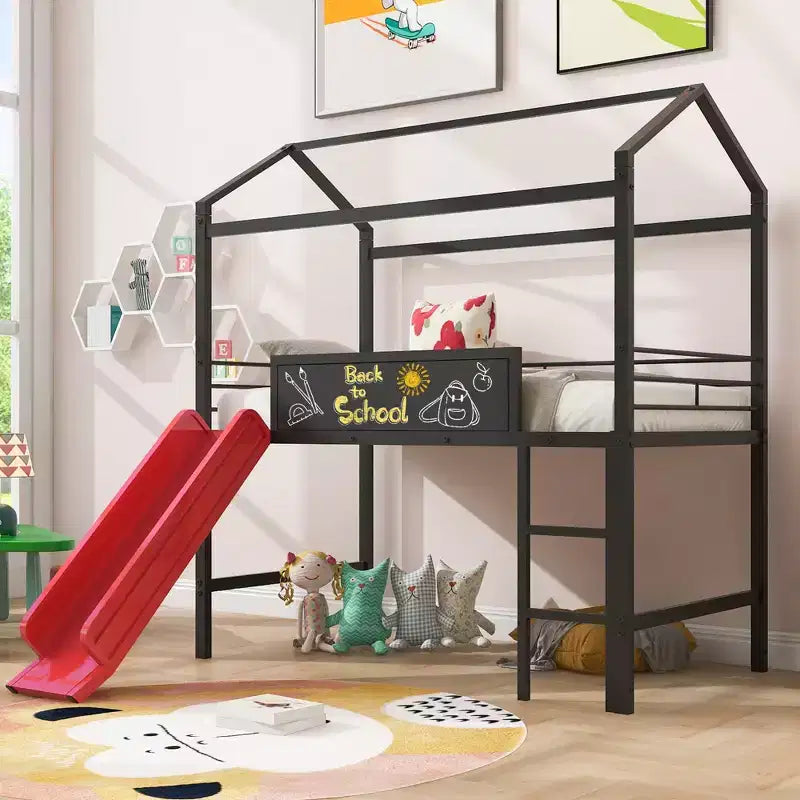 Letto a soppalco Twin Size a forma di casa con scivolo e lavagna scrivibile, robusta struttura in metallo con divertente area gioco - ModernLuxe