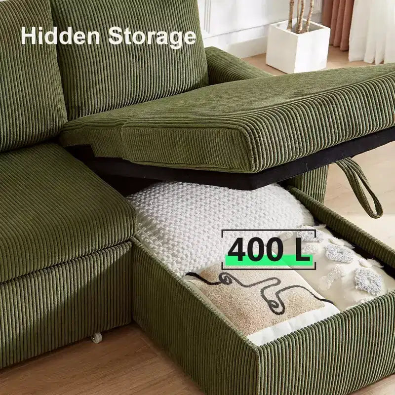 Divano Letto Estraibile 2 in 1 Dyonery con Chaise Longue Contenitore e USB, Divano Angolare in Velluto a Coste per Soggiorno