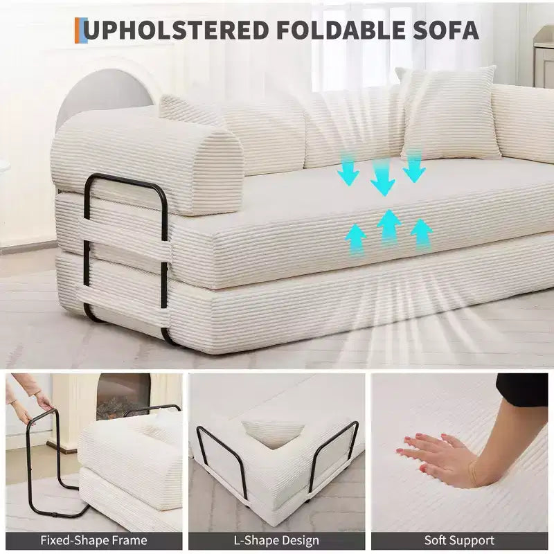 Divano letto convertibile 4-in-1, materasso pieghevole senza telaio in velluto a coste da 79 pollici con cuscino, divanetto senza montaggio per piccoli appartamenti
