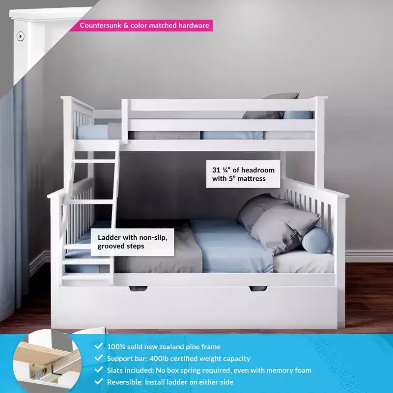 Letto a Castello in Legno Massello Max & Lily, una Piazza e Mezza con Letto Estraibile Contenitore e Scaletta per Bambini