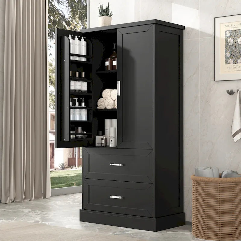 Armadietto alto da bagno, Armadietto con due ante e cassetti, Ripiano regolabile, Pannello in MDF