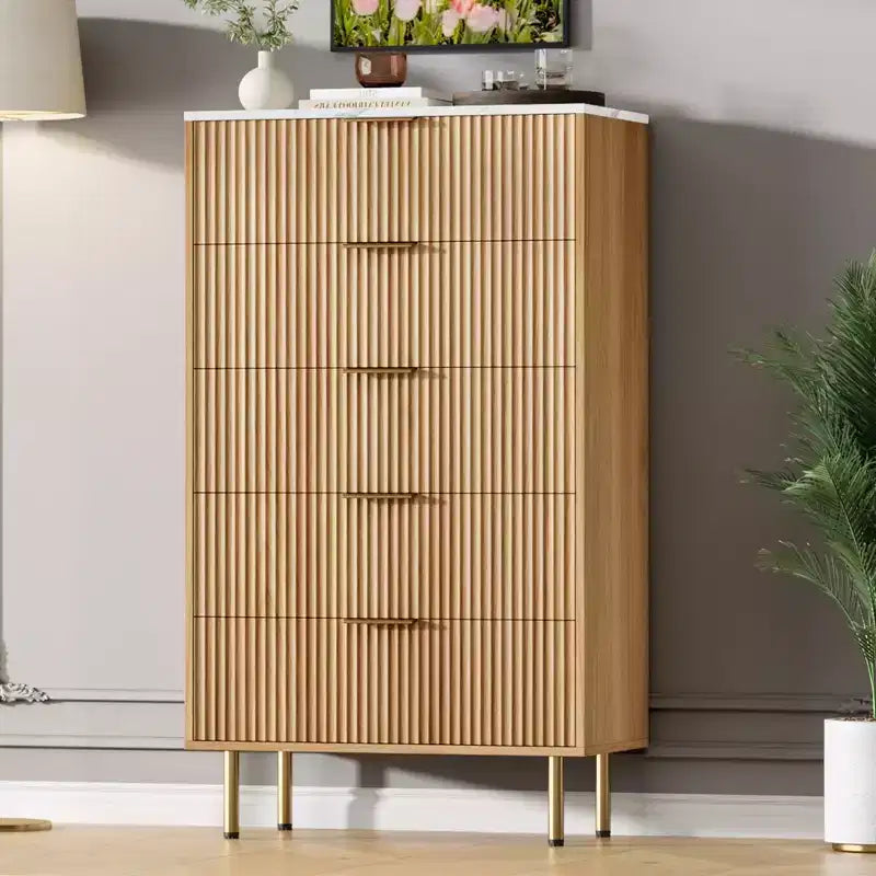 Comò a 5 cassetti bianco / marmo e legno – Pannello scanalato, per uso singolo