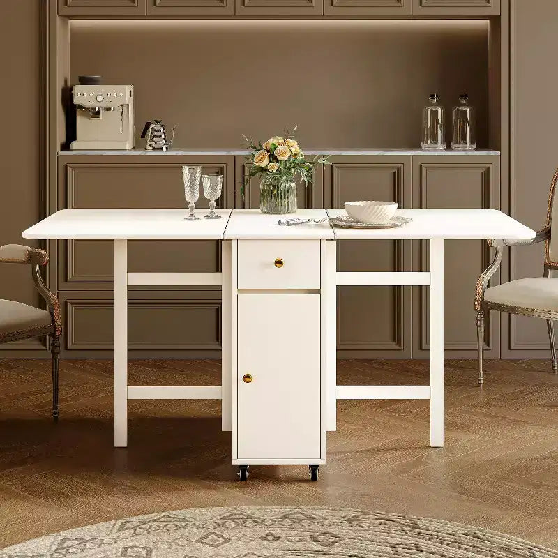 ATJafurn Tavolo da Pranzo Pieghevole da 150 cm con Ante a Scomparsa Salvaspazio, Tavolo da Cucina Rettangolare Allungabile in Legno con Ruote e Contenitore
