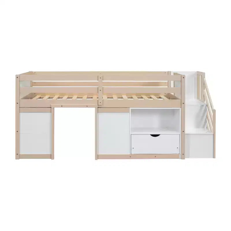 Letto a soppalco basso in legno massiccio, piazza e mezza, 94.6L x 42.3W, con scala, cassetto e mensola, design moderno e pulito