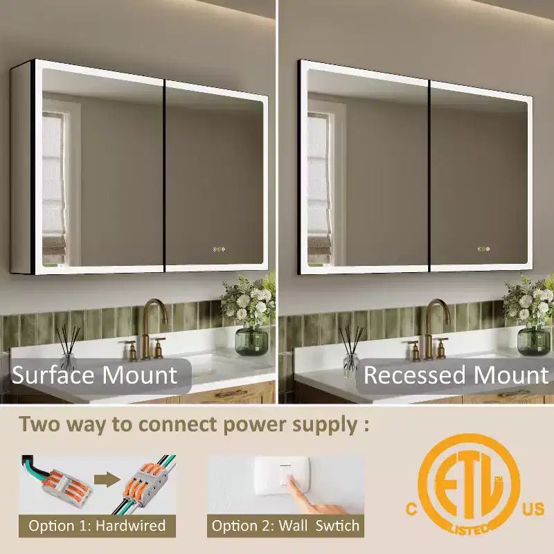 Pensile da Bagno con Specchio LED, Montaggio a Superficie o Incasso, Luce Dimmerabile, Antiappannamento, Ripiani Regolabili