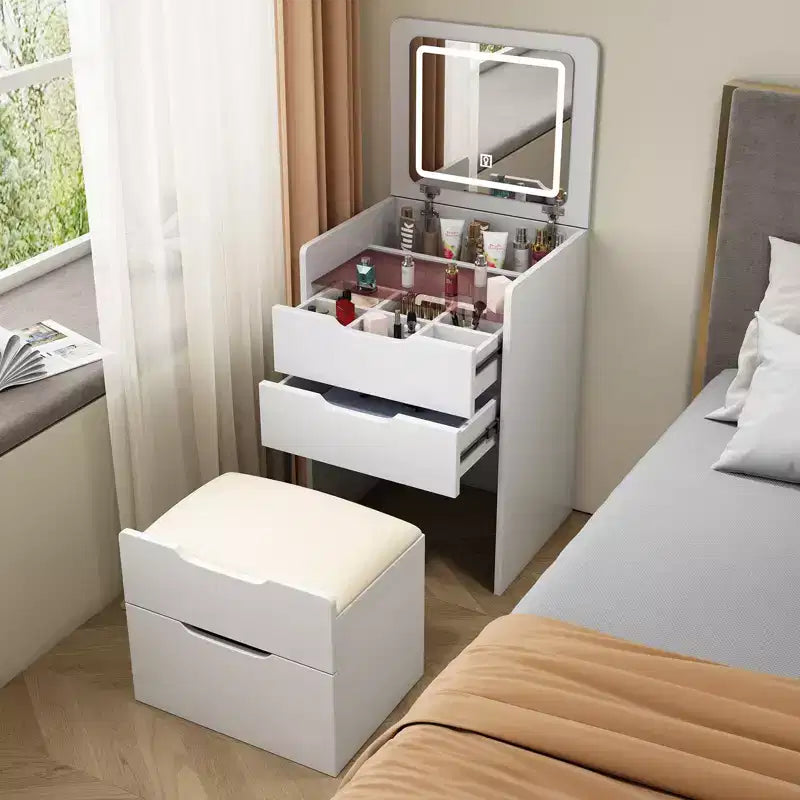 Coiffeuse 3-en-1 Okak avec miroir rabattable, coiffeuse compacte avec plateau en verre visible et tabouret rembourré, coiffeuse pour chambre à coucher