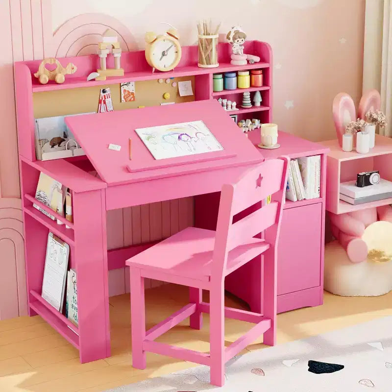 Set scrivania e sedia per bambini con contenitore, scrivania per bambini con libreria e inclinabile, per 3-8 anni, tavolo da scrittura per studenti per la cameretta