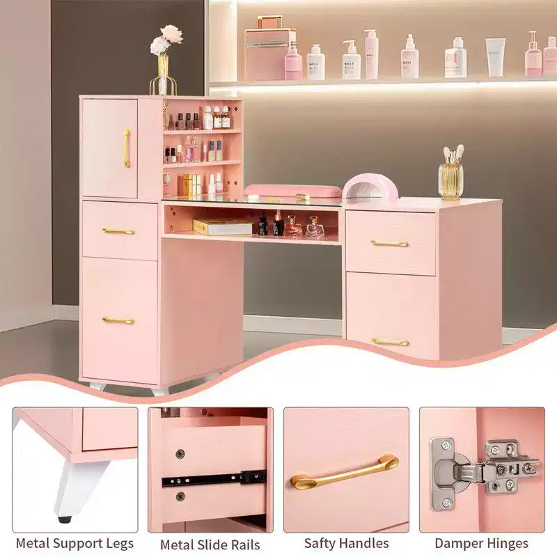 Tavolo per manicure moderno nero/rosa con piano in vetro e poggiapolsi, postazione singola