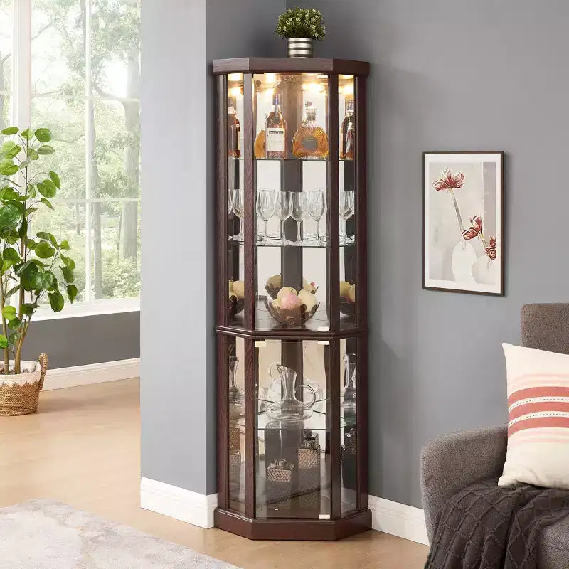 Vitrine d'angle avec portes et étagères en verre, Meuble de présentation d'angle pour salon