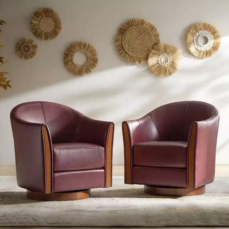 Poltrona a botte girevole Pocono in vera pelle con base in legno massello - Set da 2Artful Living Design