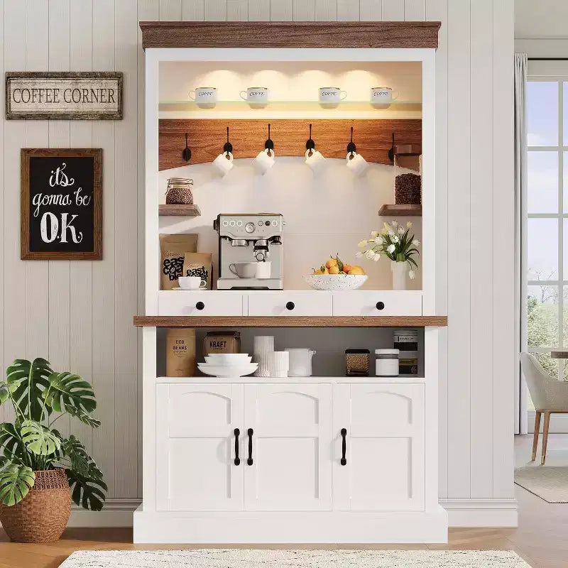Mobile bar da caffè in stile rustico alto 72 pollici con luci LED, credenza da cucina con ante e cassetti, ripiani regolabili, ampio spazio di archiviazione