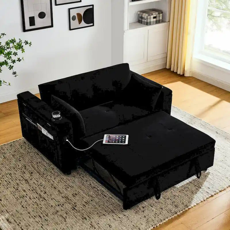 Divano Letto Estraibile 54", Divano Reclinabile 2 Posti con Contenitore, Cuscino Lombare, Presa USB