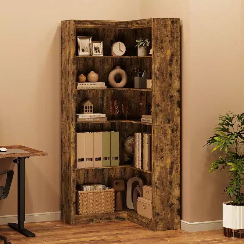 Libreria angolare a 5 ripiani a forma di L, in stile retrò, Bianco/Nero/Legno, singola