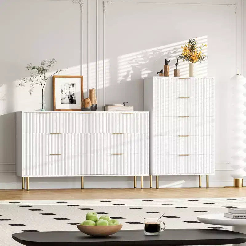 Comò a 5 cassetti bianco / marmo e legno – Pannello scanalato, per uso singolo