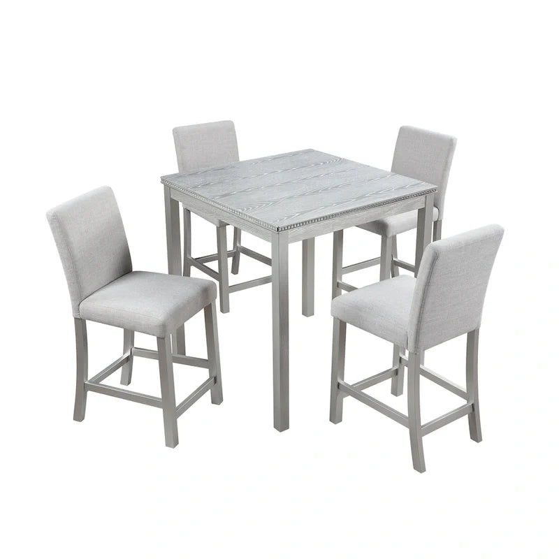 Set da pranzo moderno di 5 pezzi con tavolo quadrato ad altezza bancone e 4 sedie imbottite