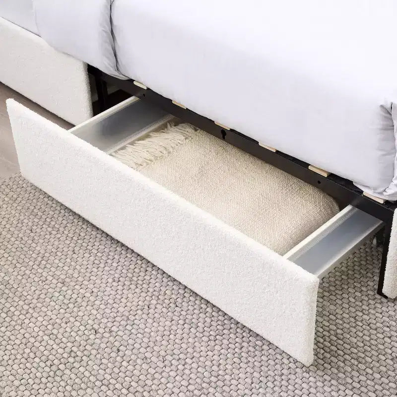 Letto Queen Size Moderno Rivestito in Bouclé con Cassetti Contenitore