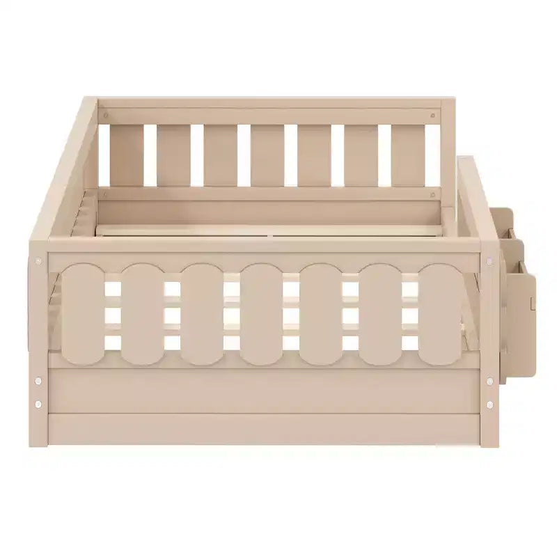 Struttura letto a piattaforma per bambini di dimensioni Twin e Full con sponda di protezione, librerie integrate e ripiani portaoggetti
