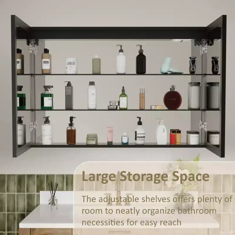 Pensile da Bagno con Specchio LED, Montaggio a Superficie o Incasso, Luce Dimmerabile, Antiappannamento, Ripiani Regolabili