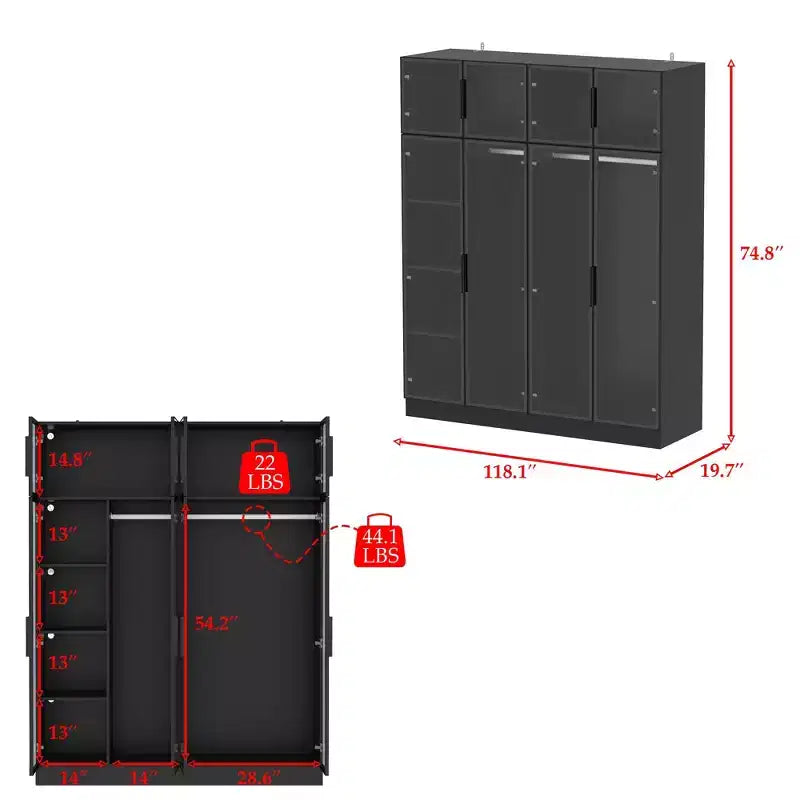 Armadio di lusso Hitow Pure Black con ante in vetro temperato, guardaroba a LED a 3 colori, organizzatore armadio camera da letto a tutta altezza, armadio per cabina armadio