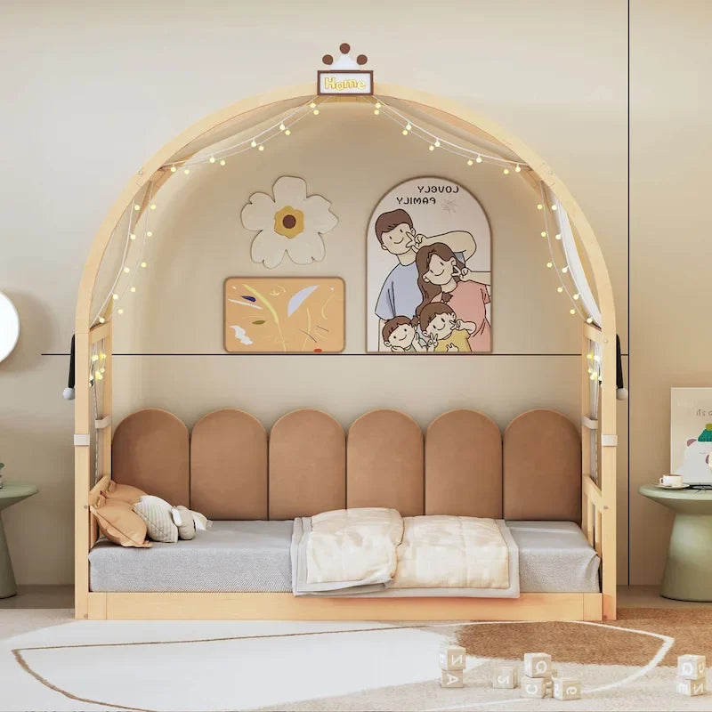 Letto a piattaforma in legno massiccio a forma di casetta, letto Montessori a terra con tetto ad arco e letto estraibile per bambine e bambini