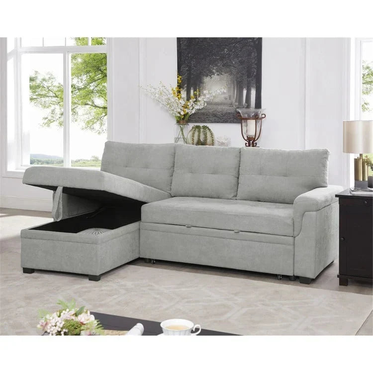 Divano componibile convertibile reversibile con letto estraibile, chaise longue con contenitore nascosto e gambe durevoli