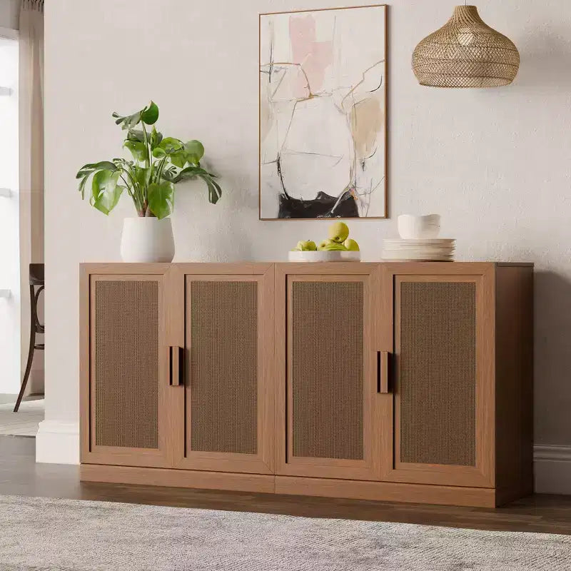 Buffet de rangement à portes en rotin 3 ensembles avec étagères réglables - 93L x 31H