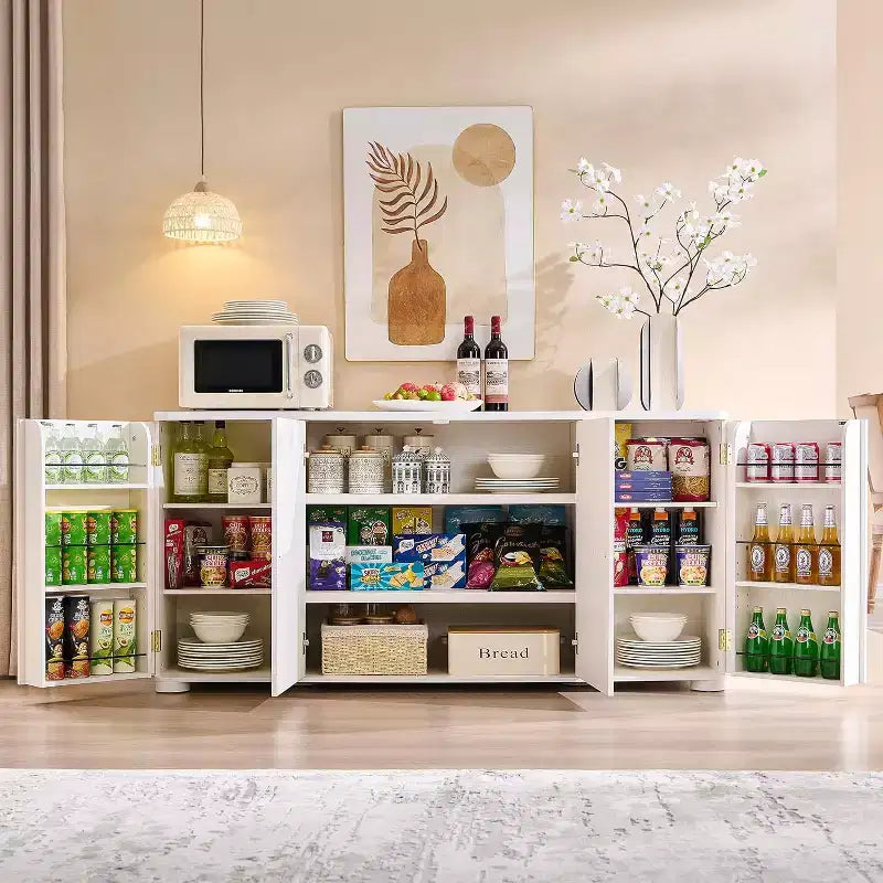Buffet de cuisine avec 4 portes et étagères, grand buffet de rangement moderne, buffet de rangement de 66 po pour bar à café
