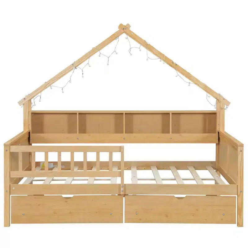 Struttura letto a casetta a grandezza naturale con cassetti, letto a piattaforma a casetta con luci LED, mensole e cassetti portaoggetti, divano letto in legno con tetto e sponda