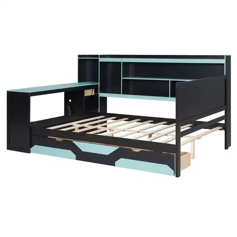 Letto a Giorno Gamer Hub con Scrivania, Luci RGB, Stazione di Ricarica, Cassetti e Testiera Libreria