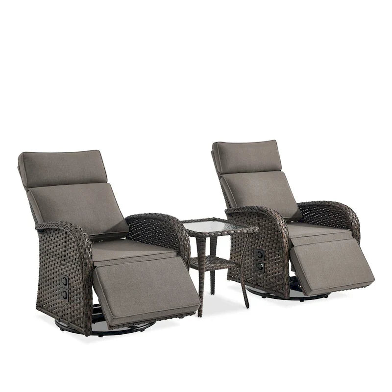 Pocassy 3PCS Versatile Outdoor Recliner Chair with Side Table Grey Cushion