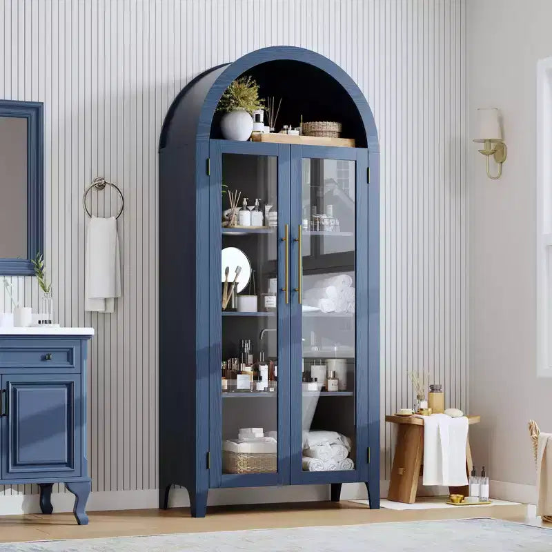 Mobile Contenitore Alto Ad Arco con Ante in Vetro, Libreria Espositiva a 5 Ripiani con Mensole Regolabili per Cucina o Soggiorno