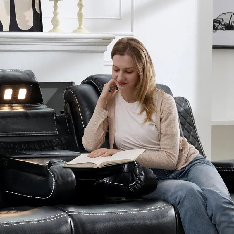 Divano Reclinabile Elettrico con Caricatore Wireless, Luce da Lettura per Soggiorno, Luce LED in Similpelle, Porta AC/USB, Portabicchieri, Nero