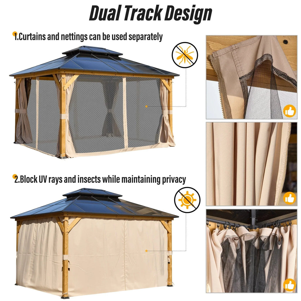 EROMMY Gazebo a tetto rigido, Pergola da esterno con doppio tetto, zanzariere e tende, Tenda da sole resistente per patio, cortile, feste in piscina