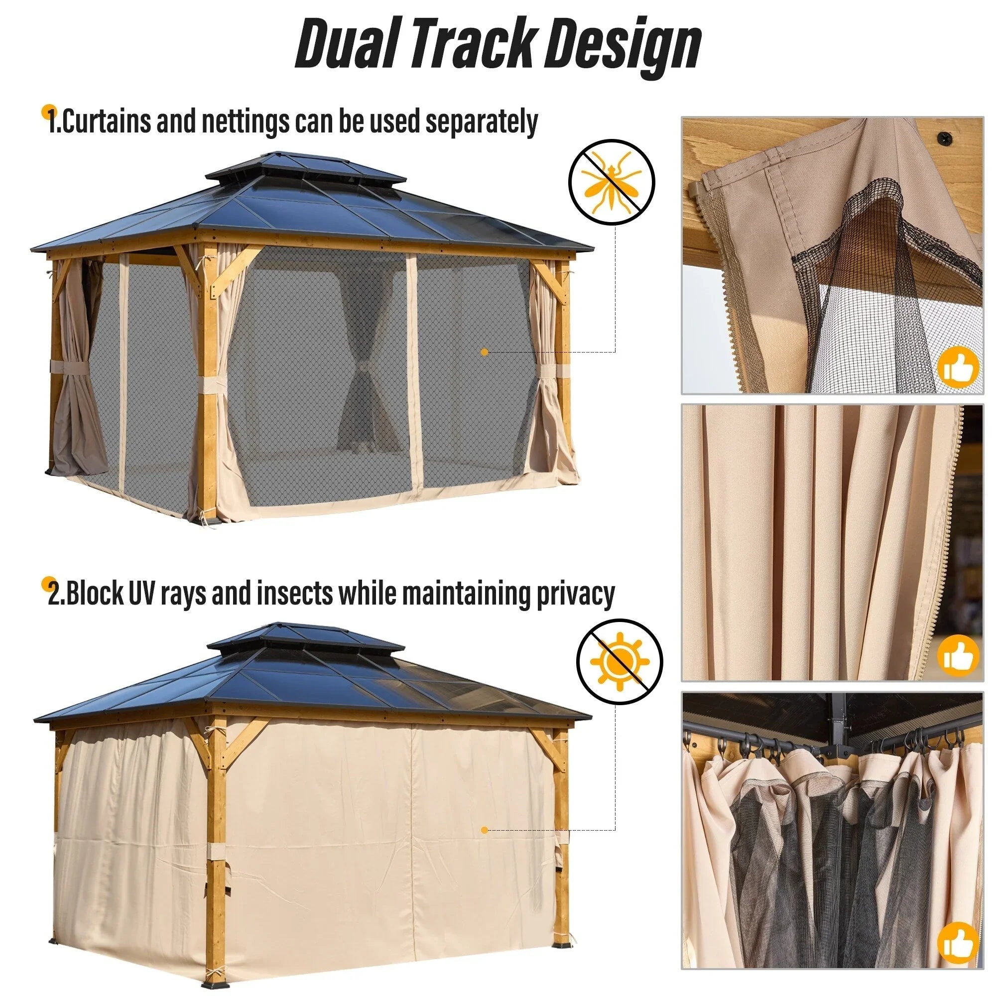 EROMMY Gazebo a tetto rigido, Pergola da esterno con doppio tetto, zanzariere e tende, Tenda da sole resistente per patio, cortile, feste in piscina