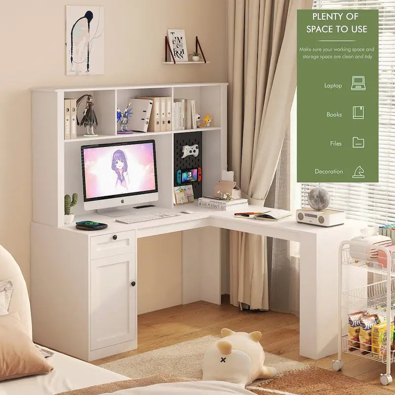Scrivania a L con presa di corrente, scrivania per computer con cassetti, libreria e mobiletto, scrivania angolare moderna, scrivania per ufficio domestico