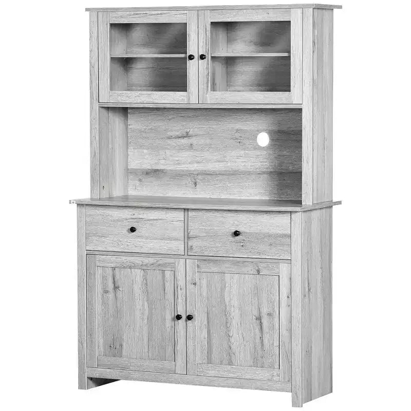 HOMCOM Credenza da Cucina 63,5 cm con Vetrina Superiore, Armadietto Dispensa con 4 Ripiani, Cassetti, Ante in Vetro, Ripiano Aperto per Microonde