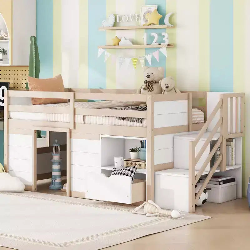 Letto a soppalco basso in legno massiccio, piazza e mezza, 94.6L x 42.3W, con scala, cassetto e mensola, design moderno e pulito