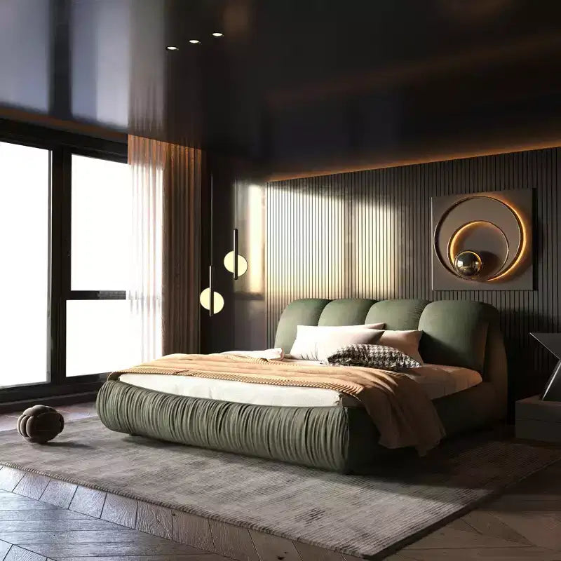 MAYEERTY Letto a Piattaforma Queen Size di Lusso Rivestito in Tessuto con Testiera Imbottita Oversize e Struttura in Legno Massello Verde