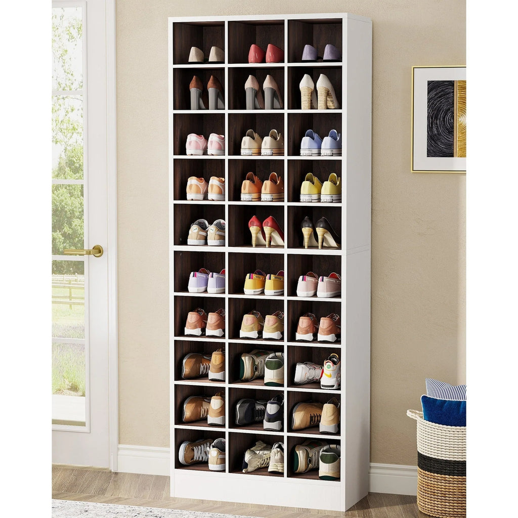 Meuble à chaussures haut 30 paires, étagère de rangement à chaussures en bois blanc 10 niveaux pour placard, entrée - 10 niveaux