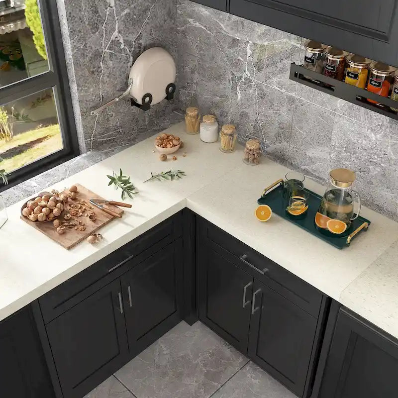Mobile angolare efficiente per cucina Isola a L: Ampio spazio di archiviazione con cassetti scorrevoli, piano di lavoro UV