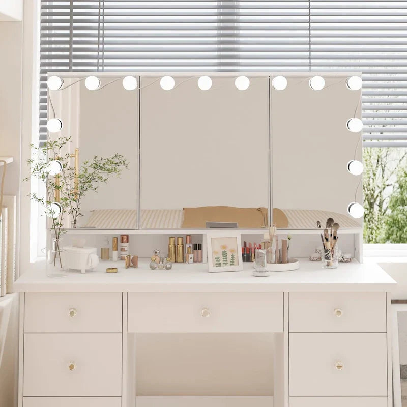 Lussuosa Toeletta da Trucco a LED con 9 Cassetti Elegante Postazione Trucco