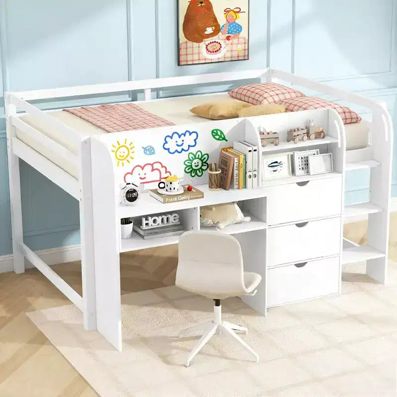 Letto a soppalco basso rosa/bianco con scrivania, contenitore e lavagna bianca – Singolo, 1 persona