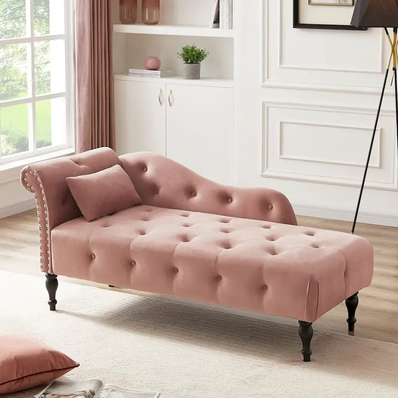 Moderna poltrona a sdraio imbottita in velluto da 60,6" con bottoni capitonné, gambe in legno massello e borchie