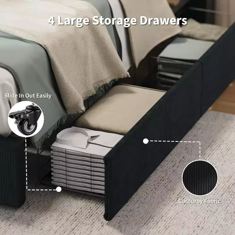 CuisinSmart - Struttura letto in velluto a coste con testiera, struttura letto imbottita con piattaforma con 4 cassetti portaoggetti e supporto a doghe in legno